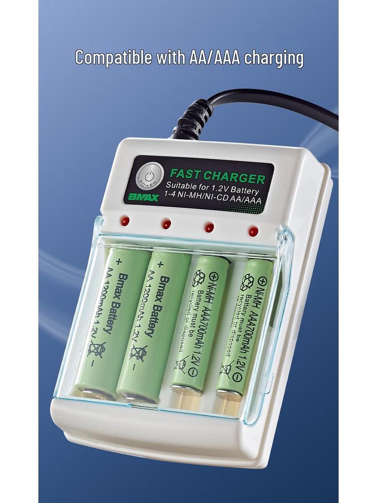 4-Slot AA/AAA Ni-MH/Ni-Cd Battery Charger with Independent 1.2V Charging Base and Flat AC Plug