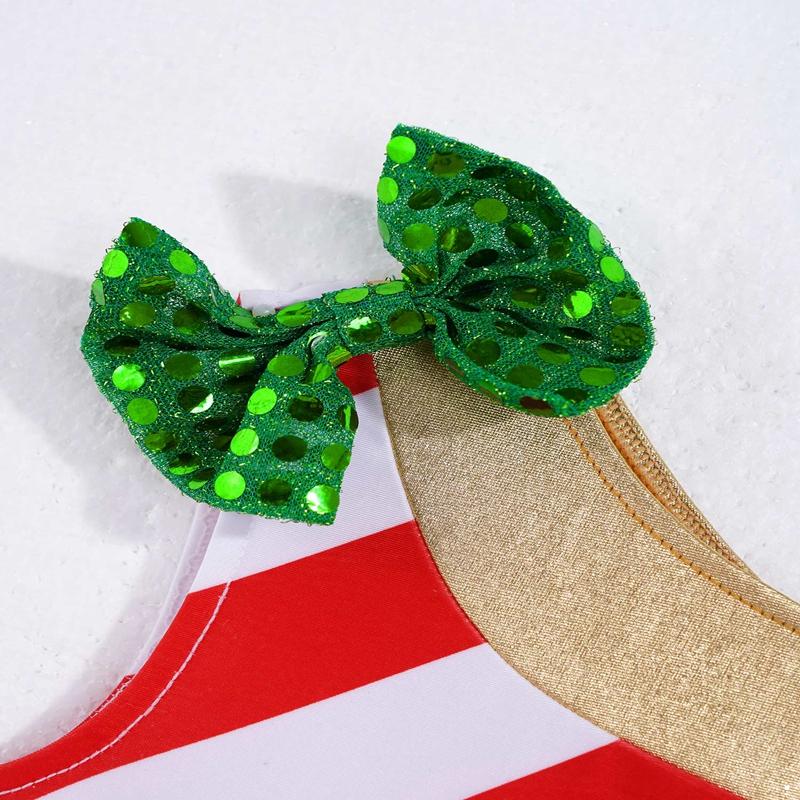 Girls Carnival Cosplay Costume Asymmetrical Shoulder Sleeveless Stripes Print Sequins Adorned Mesh Dress Bodysuit