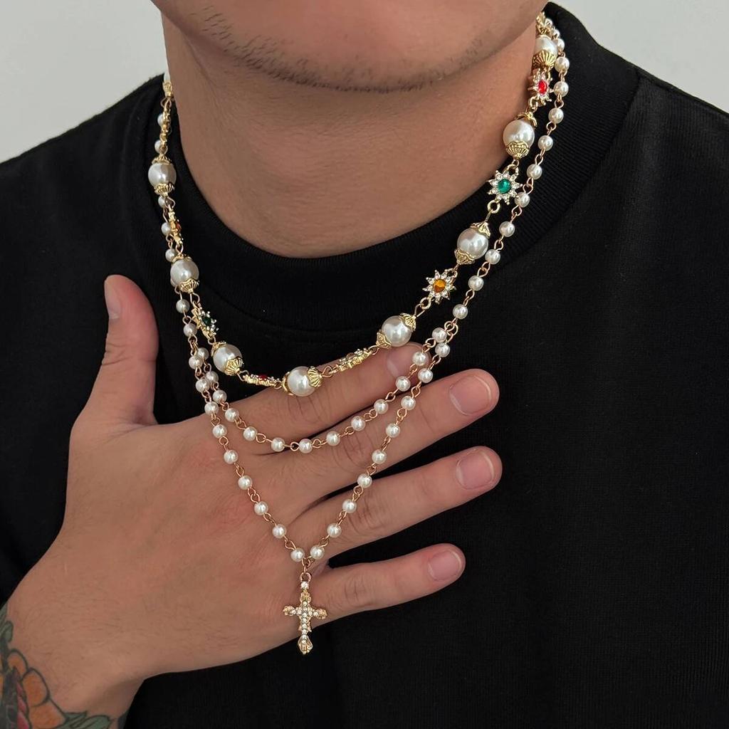 Ingemark 2Pcs/Set Boho Exquisite Imitation Pearl Rhinestone Choker Necklace Trend Gold Color Cross Pendant Necklace Jewelry