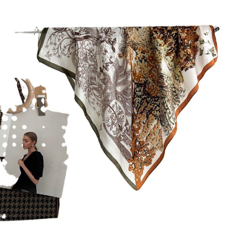 New literary and fresh national style leaf printing simulation silk texture 71 * 71cm twill silk women's cool silk scarf