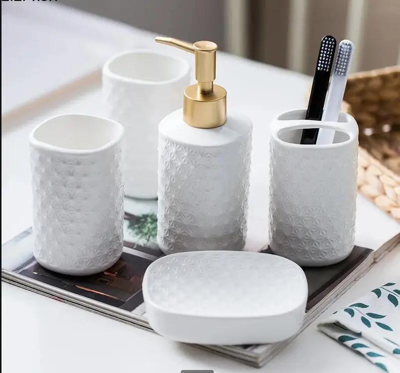White Ceramic Bathroom Five Piece Set Wash Supplies Toiletries Mouth Cup Toothbrush Holder Lotion Bottle Soap Dish