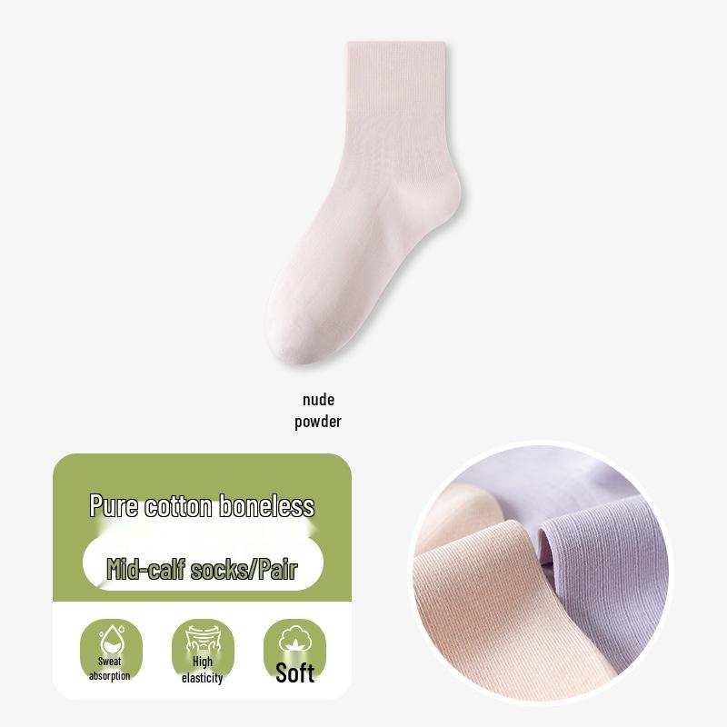 Women's Seamless Thin Cotton Mid-High Socks - Solid Colors, Odor-Resistant, Sweat-Absorbing, Ideal for Spring & Summer