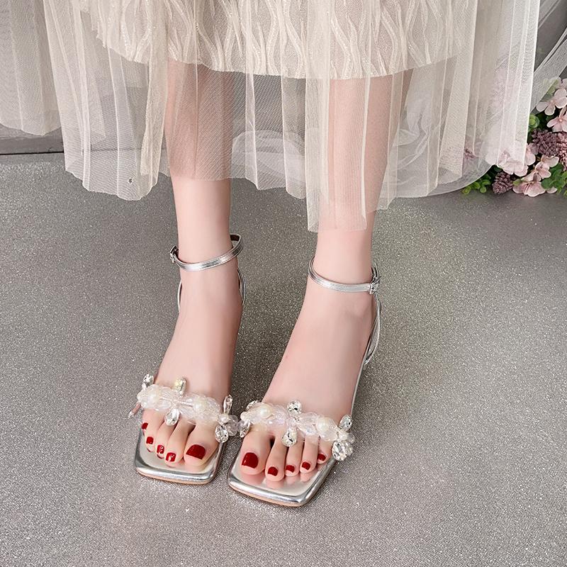 Fashion Shoes for Women Summer New Square Toe Rhinestone Sandals Female Fashion Open Toed Sexy Elegant Casual Party High Heels Sandals