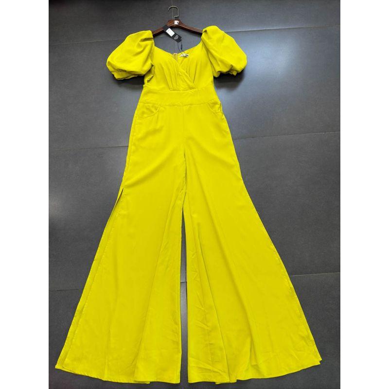 Laomei Single FN Yellow Puff Sleeves Square-Cut Collar High Waist Loose Pants Bell-Bottom Pants Pants