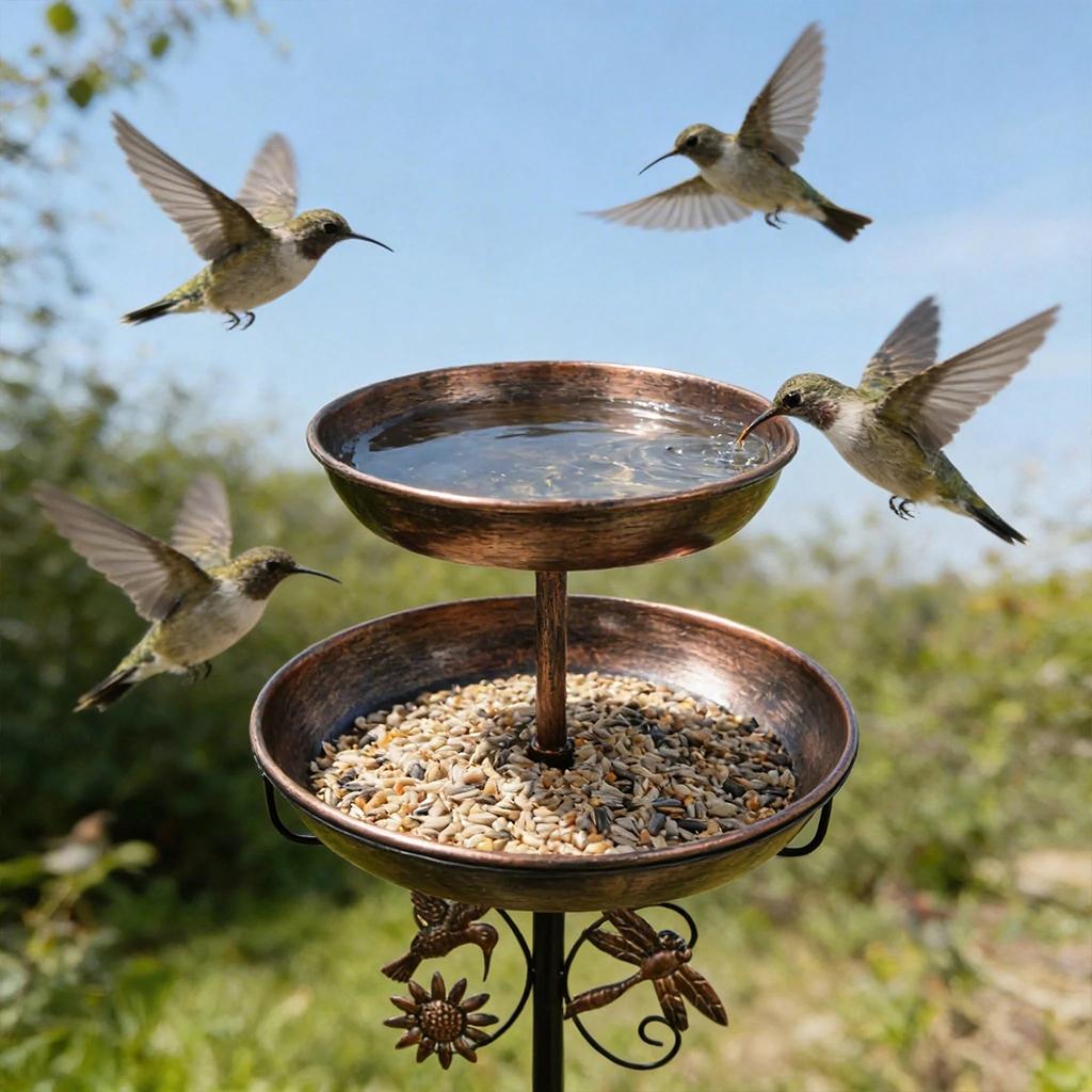1Pc Vintage 2-Tier Iron Bird Bath & Feeder Combo – Rust-Proof 5-Claw Ground Stake, All-Weather Outdoor Garden Decor for Hummingbirds & Sparrows