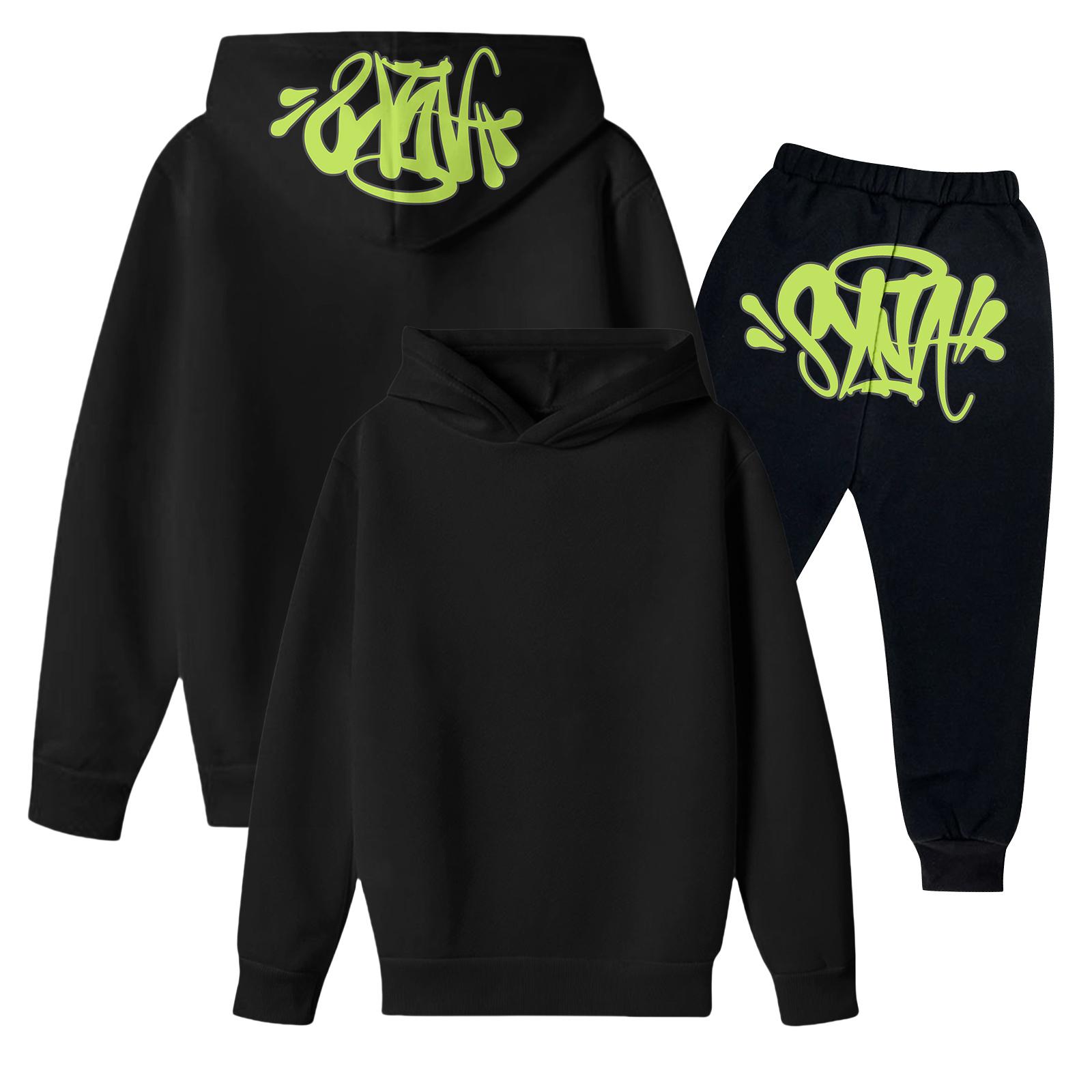 Kids  Long Sleeve Loose Pullover Letter Print Drawstring Hooded Sweatshirt Set 100