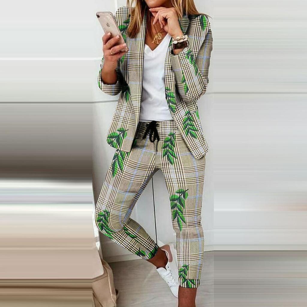 Long Sleeve Blaze Women 2 Pieces Elegant Slim Fit Jacket Formal Office Work Pant Lapel Coat Set