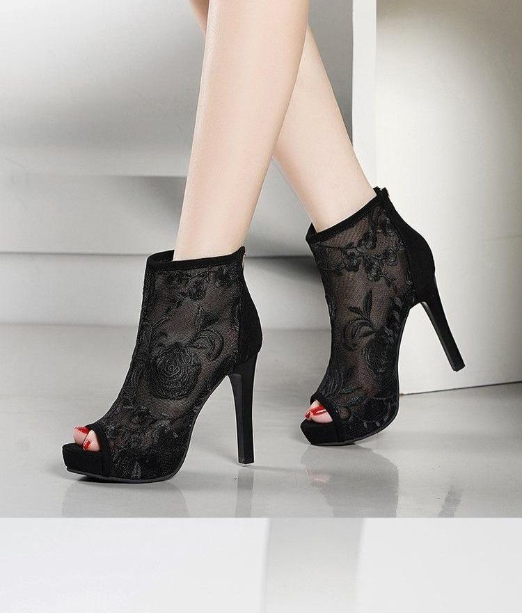Sexy fashion mesh cool boots women's summer fish mouth high heels embroidered mesh boots single heel shoes women's thin heel high top sandals