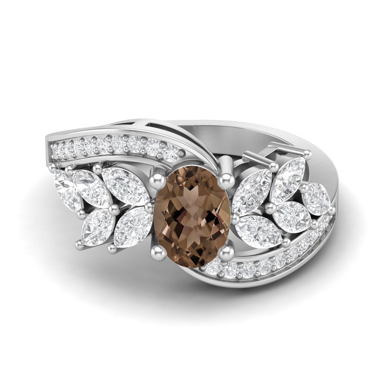 7X5mm Oval Smoky Quartz 925 Sterling Silver Solitaire Leaf Design Bypass Women Wedding Ring 5