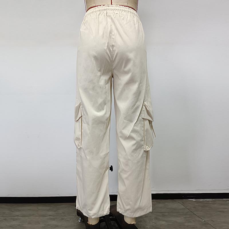 Women's Straight Leg Cargo Nine-point Pants Elastic Elastic High-waisted Casual Pants