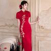 Elegant Red Embroidered Qipao Dress Wedding Reception Women 2026 Vintage Chic Long Cheongsam