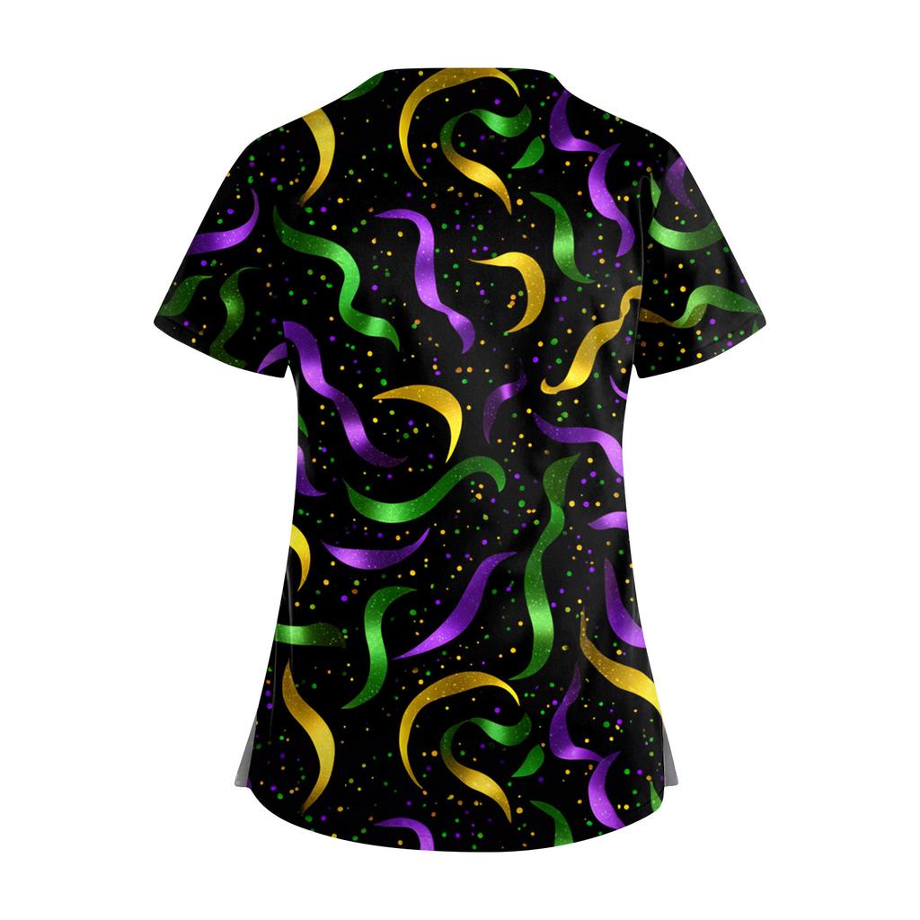 Dam Kortärmad Stagger V-ringad Tryck Ficka Torr-Topp