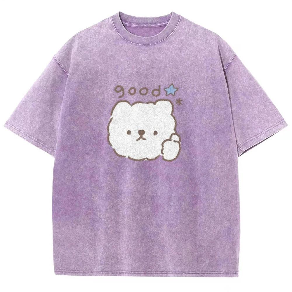 Kawaii Cute Hand Drawing  Cartoon Bear Vintage Unisex Washed T-shirt S разноцветный