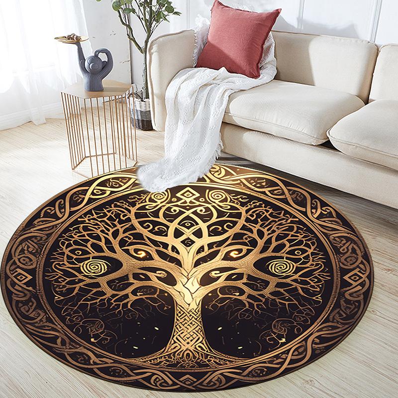 Golden Tree Round Area Rug,Carpet Rug for Living Room Bedroom Sofa Playroom Decor,Non-slip Floor Mat
