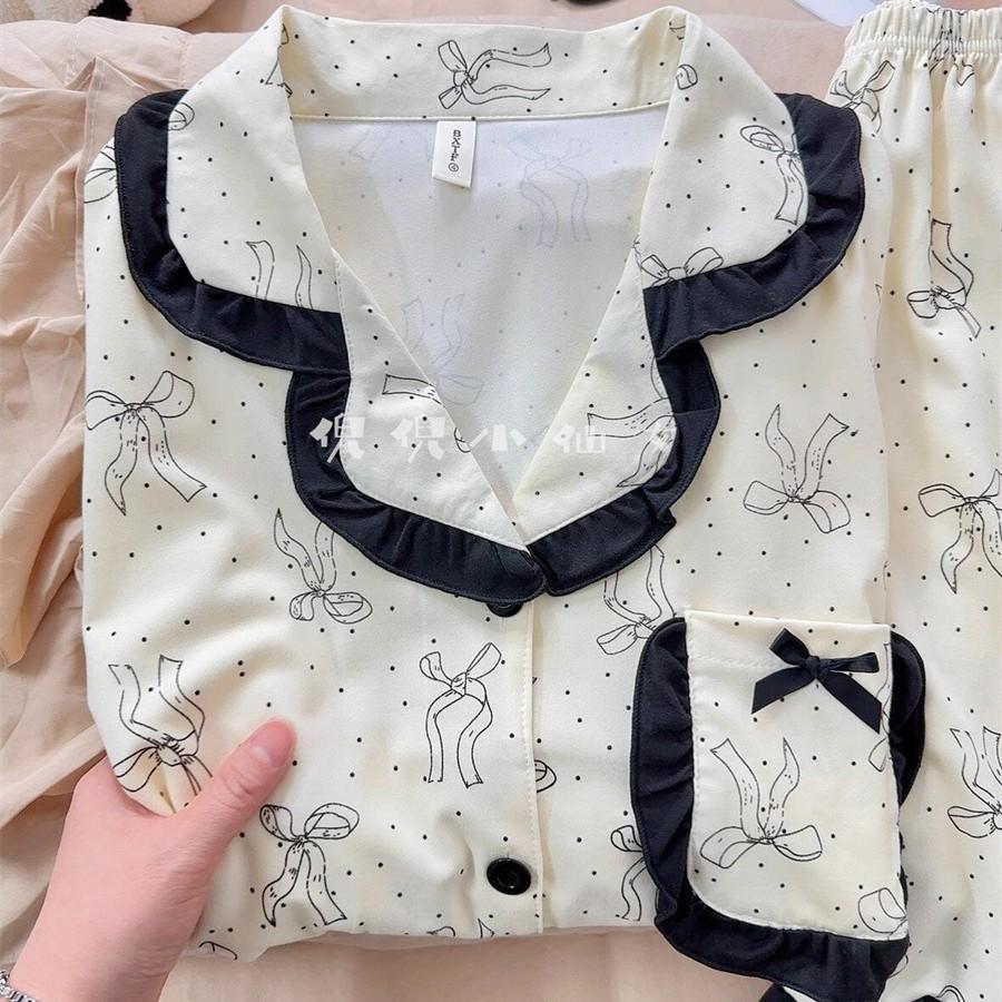 New polka dot lace bow pajamas women s short-sleeved shorts cardigan set girl s high-end loungewear S