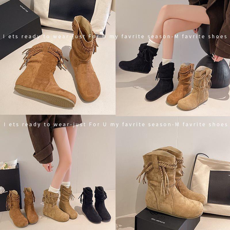 Medium boots slim women's Su 2025 pile autumn and winter flat-bottomed knight boots new wasteland wind retro short boots women's no
