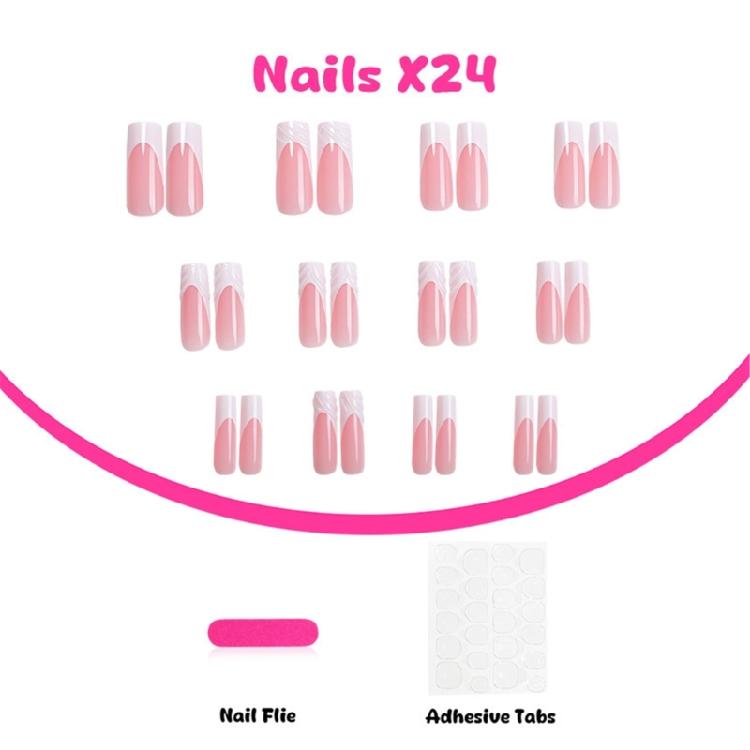 24 Pieces Square Shaped Nail Tips with French Tip 3D Stripes Designs Glossy Stick On Nail for Various Occasion