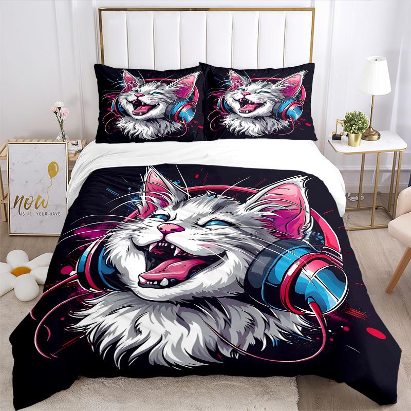 3pcs Cool Cat Headphones Bedding Set - 1 Soft Quilt Cover + 2 Pillowcases, Machine Washable - Suitable for All Seasons L018