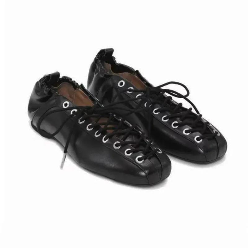 Módní dámské baleríny Jaro Léto Novinka Ležérní šněrovací kulatá špička Kožený interiér Gumová podrážka Boty