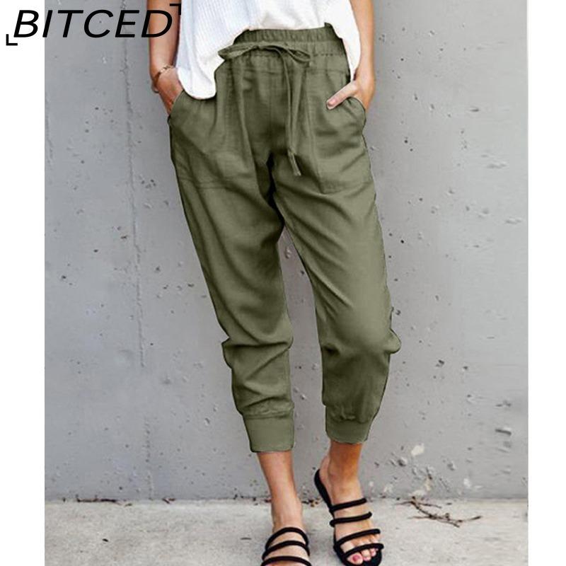 BITCED Summer Women Loose Plus Size Solid Color Simple Lace Up Slim Casual Nine Point Slimming Trousers