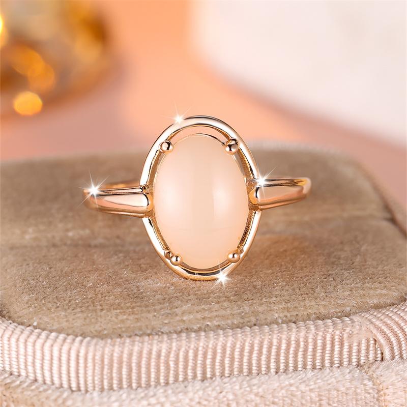 Female Vintage Egg Shaped Oval Stone Rings For Women Antique Gold Color Pink Green Synthetic Moonstone Wedding Bands Jewelry