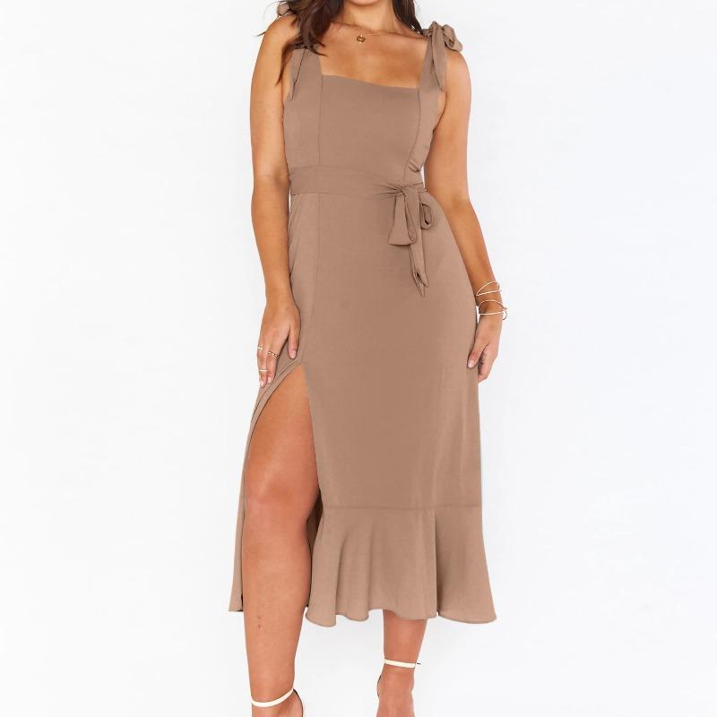 Summer Women's Pullover Hanger Strap Off Shoulder One Line Neck Lace Up Bow Tie Solid Color Split Fashion Casual Sexy Dresses