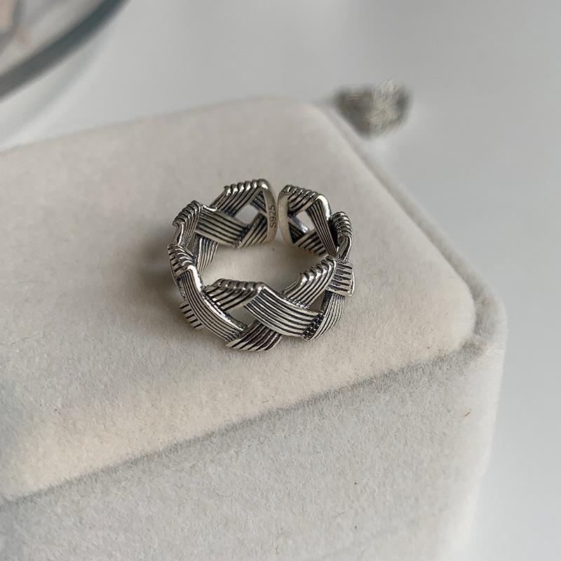 S925 Sterling Silver Ring Women's Retro Cold Wind Ring Old Texture Cross Twist Braided Ring Hipster Ring Jewelry