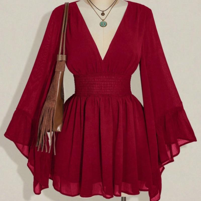 European and American new deep V waist dress, horn sleeve short fashion mesh sexy solid color skirt
