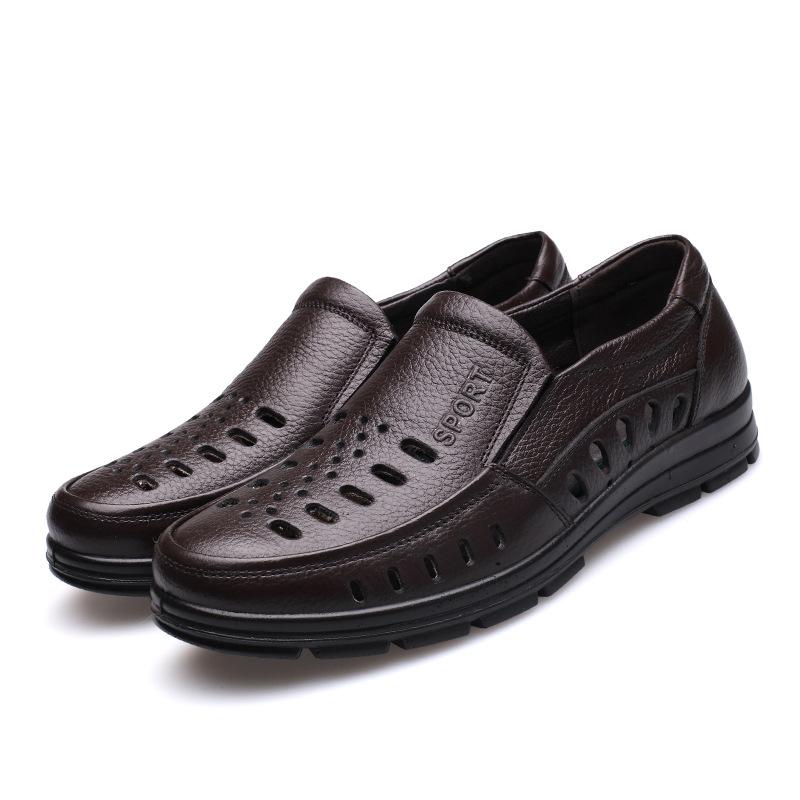 2025 Summer Business Leather Shoes Cowhide Dad Shoes Men's Hollow Hole Shoes Middle-aged and Elderly Leather Sandals Casual Shoes Men's Shoes
