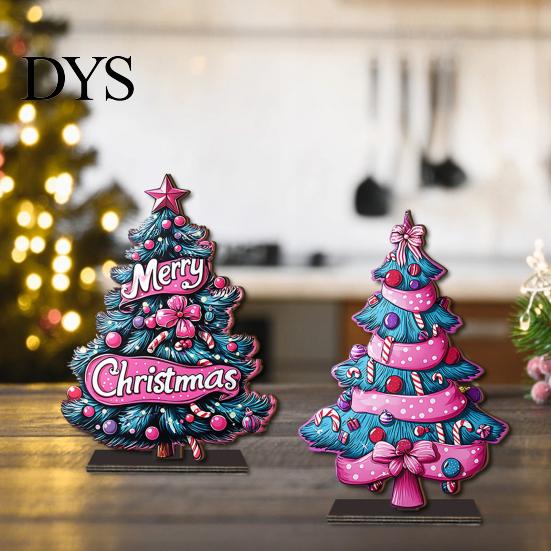 Christmas Party Favors 2D Wooden Tabletop Ornaments, Xmas Tree Santa Unique Holiday Ornaments Snowman Sign with Stand, Decorations Double Sided