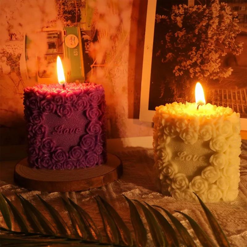 Rose Pillar Candle Mold Handmade Valentine's Day Wedding Home Decoration 3D Flower Love Candle DIY Aromatherapy Candle Soap Mold