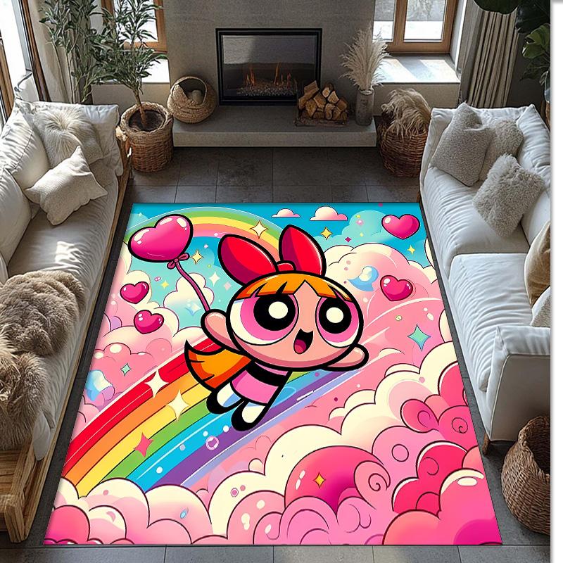 The Powerpuff Girls Printed Crystal Velvet Area Rug, Soft Anti-Slip Water Absorbent Floor Mat for Living Room Bedroom