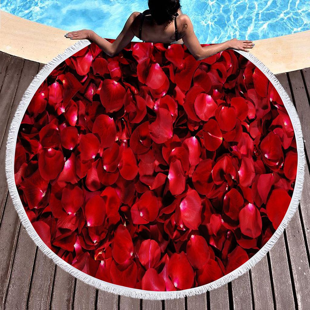 Floral Petal Print Round Beach Towel with Tassels Sand Free Quick Dry Circle Bath Towel Soft Absorbent Meditation Rug Yoga Mat