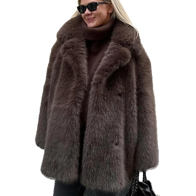 Womens Faux Fur Coat Mid-Length Winter Warm Outerwear Street Style Jacket In Beige Yellow Coffee Khaki