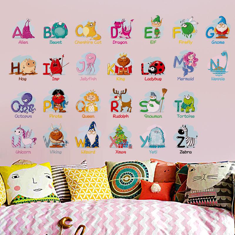 26 Alphabet Stickers English Words Cartoon Animals for Kids Room Kindergarten Classroom Wall Decoration