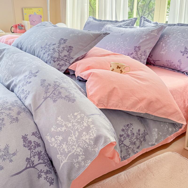 Cotton 4-piece Set Thickened Brushed Fresh Cotton Bed Sheet Quilt Cover Hats Models Dormitory 3-piece Set