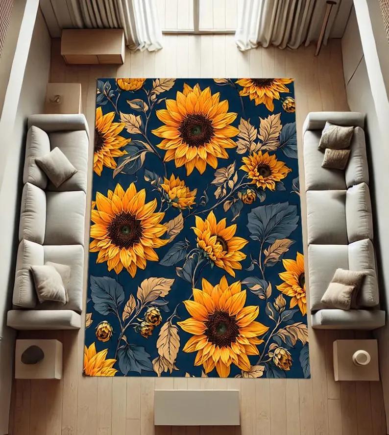 Boho Sunflower Carpet Floral Print Soft Non-slip Water-absorbent Rug Botanical Mat for Living Room Bedroom Study Daily Decor