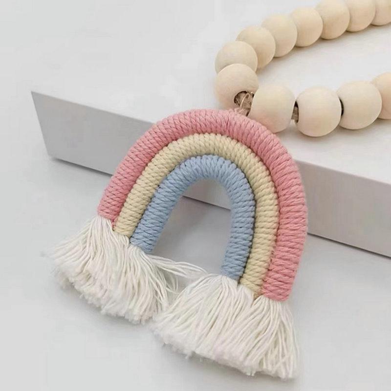 2 Pack Magnetic Curtain Tiebacks Wood Beads and Woven Rainbow Pendant Elegant Decorative Tie Backs for Drapes Window Curtains