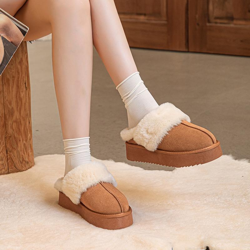 Dicksohlige flauschige Hausschuhe Herbst und Winter neu warm Rindsleder gefüttert verdickt faul ein Pedal echtes Leder Schneestiefel Damen