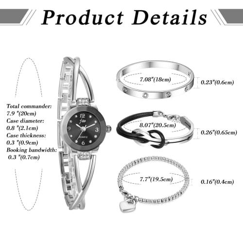 Women's Cute Stainless Steel Bangle Watch: Silver Infinity Symbol Heart Bracelet, Waterproof Quartz Movement, 4-Piece Set - Perfect Christmas or Valen