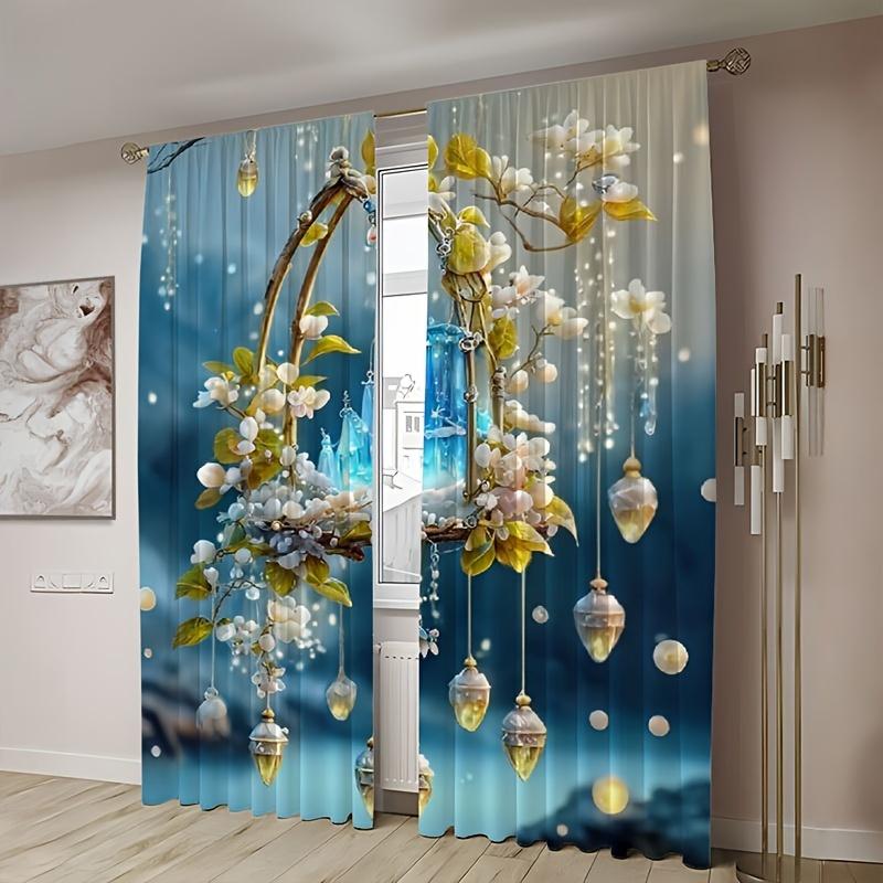 2 st Rosa Blomtryckta Gardiner Kristallvindspel För Vardagsrum Arbetsrum Sovrum Matsal Bakgrundsgardin Heminredning