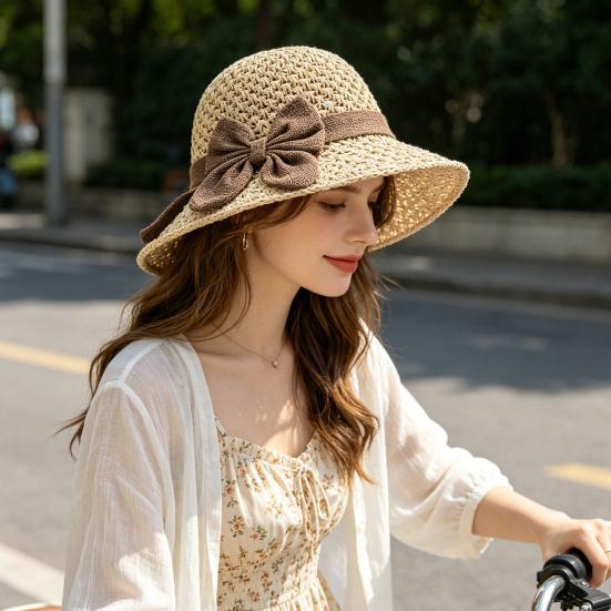 Women Sun Hat, Small Brim Straw Fisherman Hat, with Bow Decor Sun Protection UV Block Hat for Summer Outdoor Travel