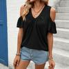 Women's Fashion V-neck Off Shoulder Pleated Loose Short Sleeved Pullover T-shirt Top