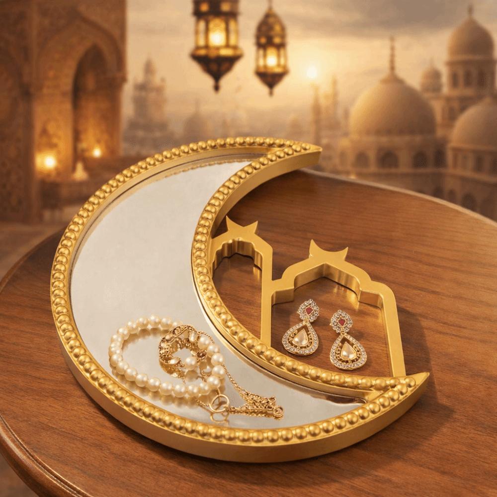 Elegant Ramadan Decorative Tray Moon Shaped Ramadan Festival Art Tray Desktop Decoration