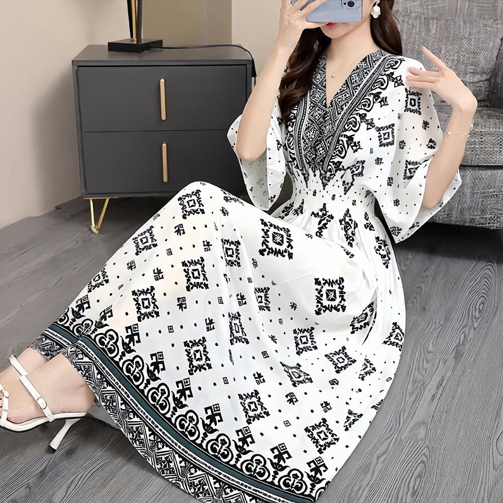 26-Year Floral V-Neck Cotton Silk Batwing Sleeve Beach Dress - Thailand Travel & Vacation Skirt Style