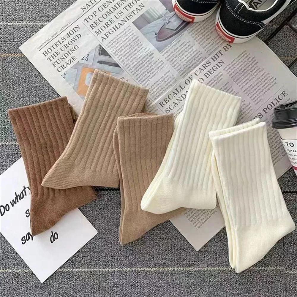 5 Pairs Mid Tube Polyester Cotton Women Socks Pack Set Japanese Fashion Solid Color Girls Vertical Stripes Socks