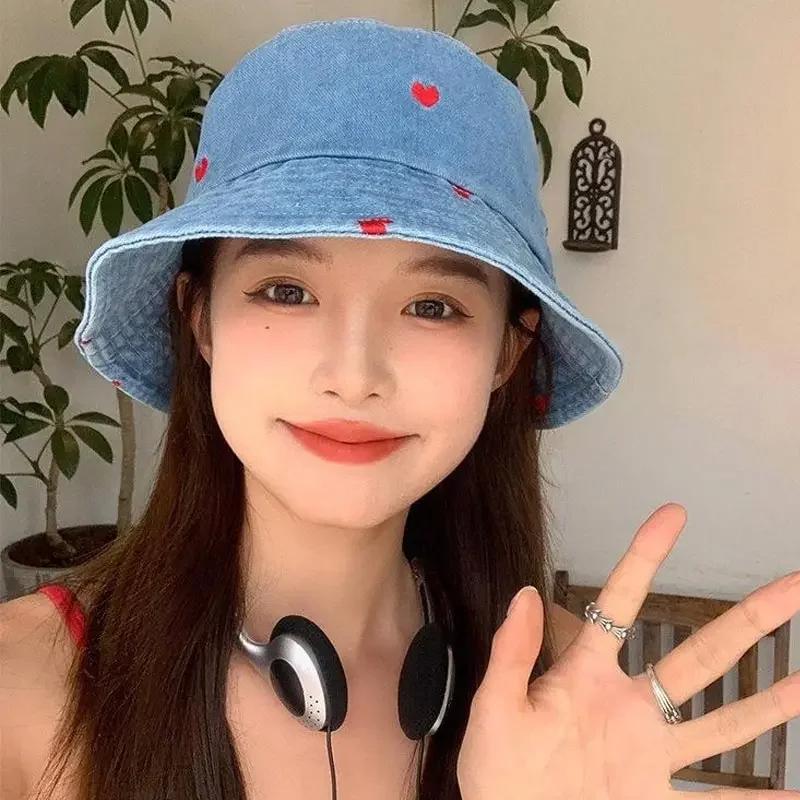 Embroidered Heart Women Bucket Hat Summer Jeans Fisherman Hats Denim Ladies Girl Outdoor Travel Sunshade Basin Cap