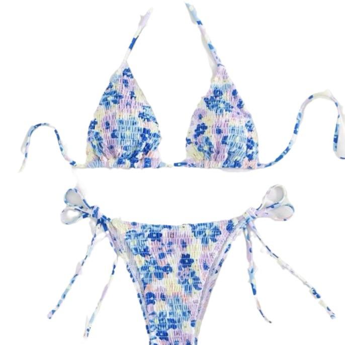 Floral Triangle Cup Three-Piece Swimsuit - Sexy Tie-Up Bikini Set In Stock