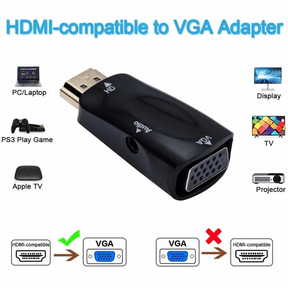 Hdmi-kompatibel VGA-kabelkonverter, hann- til hunn-adapter, 3,5 mm jack, lyd, HD 1080p for PC, bærbar PC, nettbrett