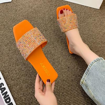 Fashion Glitter Slides Flat Shoes Female Woman's Slippers Low Square Toe Big Size Jelly Summer Fabric Rome Rubber Crystal Sequined